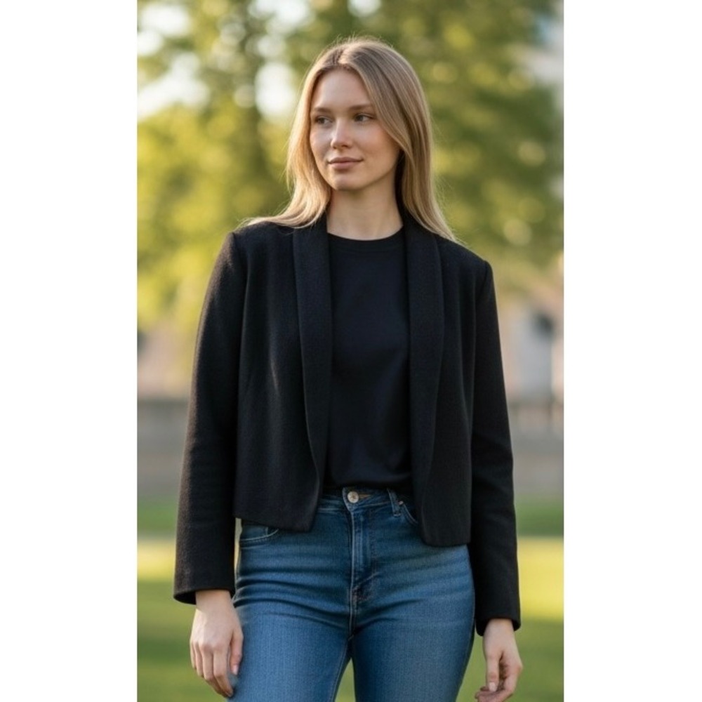 Calvin Klein Black Collarless Open Front Cropped Jacket‎ Women's M